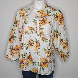 NWT Maye Paloma White Green Orange Floral Cotton Button Down Shirt M